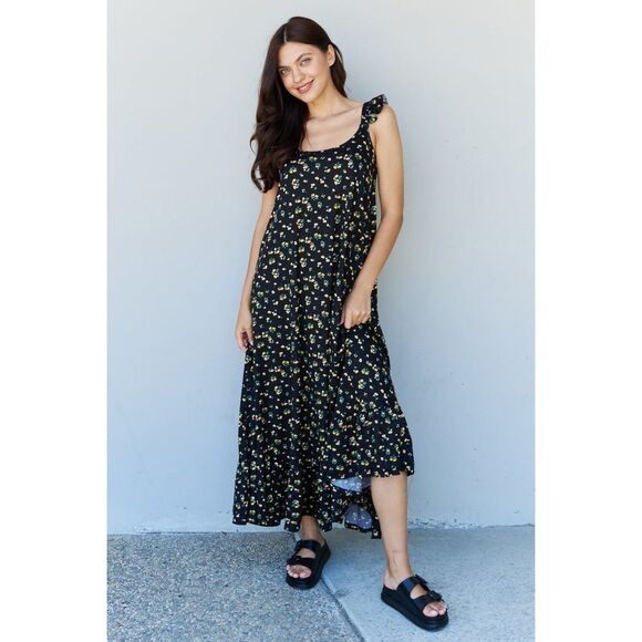 Doublju In The Garden Ruffle Floral Maxi Dress In Black Yellow Floral - Picture 1 of 5